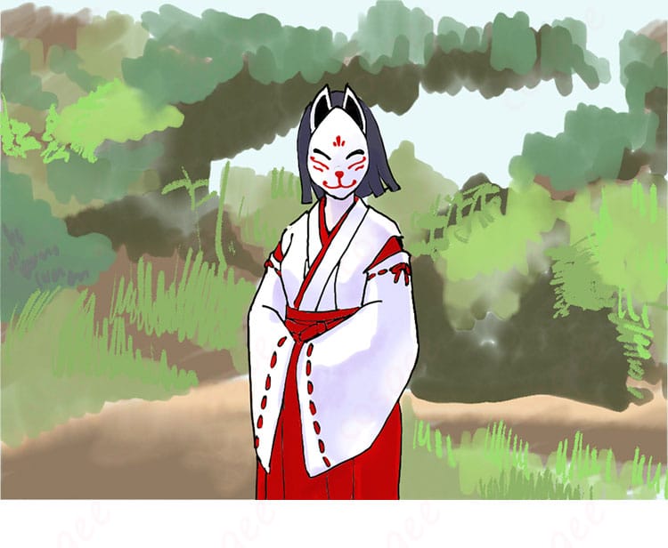 原神 花散里 コスプレ衣装を着たキャラクターの全身写真。巫女服を忠実に再現したディテールが魅力です。