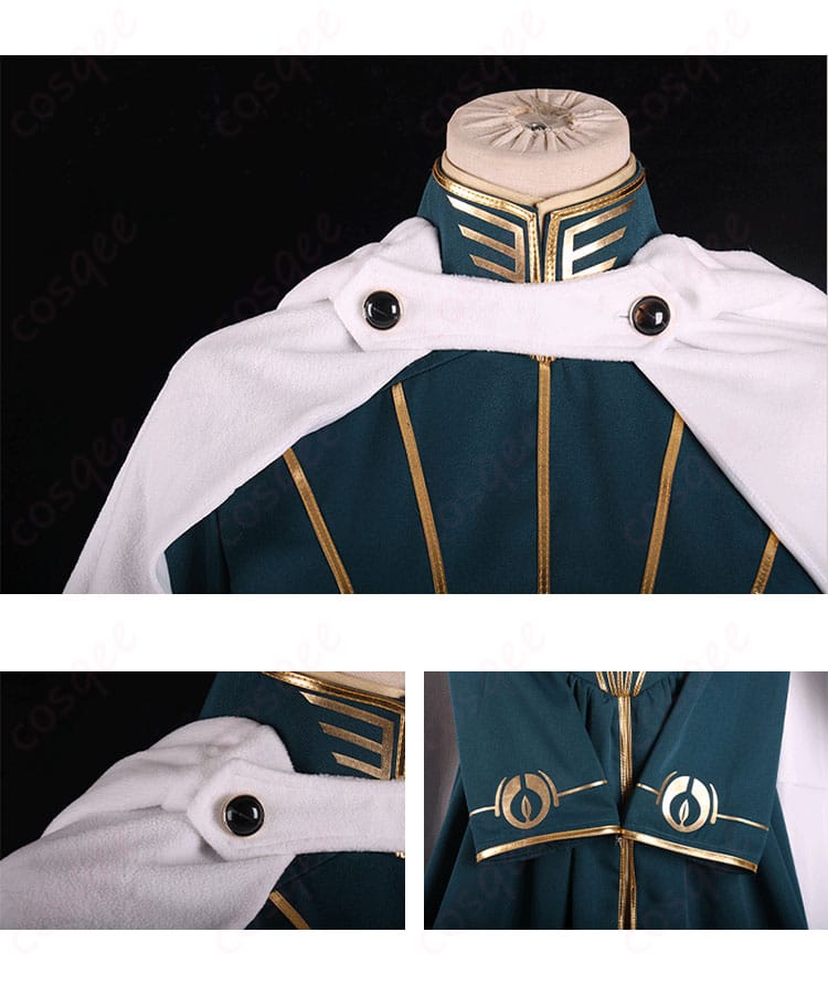 テメノス・ミストラル コスプレ衣装の衣領、披風、そして精緻なボタン装飾のディテール。細かいデザインにまでこだわっています。