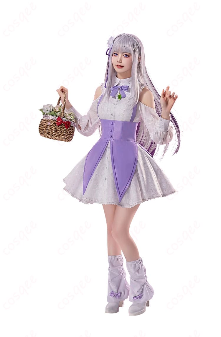 エミリア コスプレ衣装 正面の全身画像。Re:ゼロから始める異世界生活のエミリアを忠実再現したコスプレ衣装。