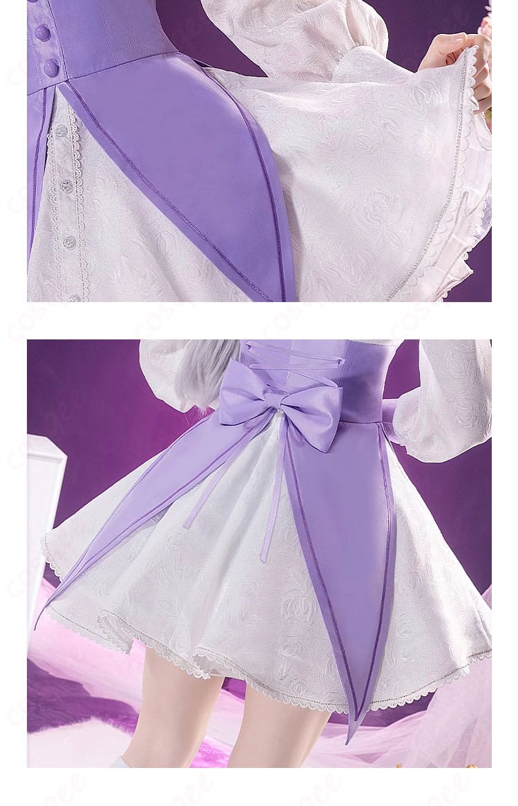 エミリア コスプレ衣装のスカートと背面の装飾。背中のリボンやスカートの美しいディテールを展示。