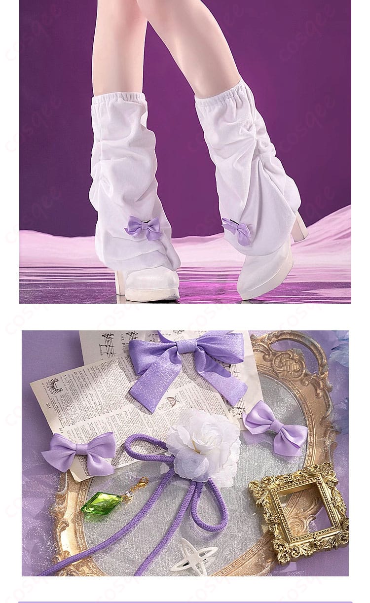 エミリア コスプレ衣装のレッグカバーとヘアアクセサリー。足元と髪飾りのディテールを紹介。