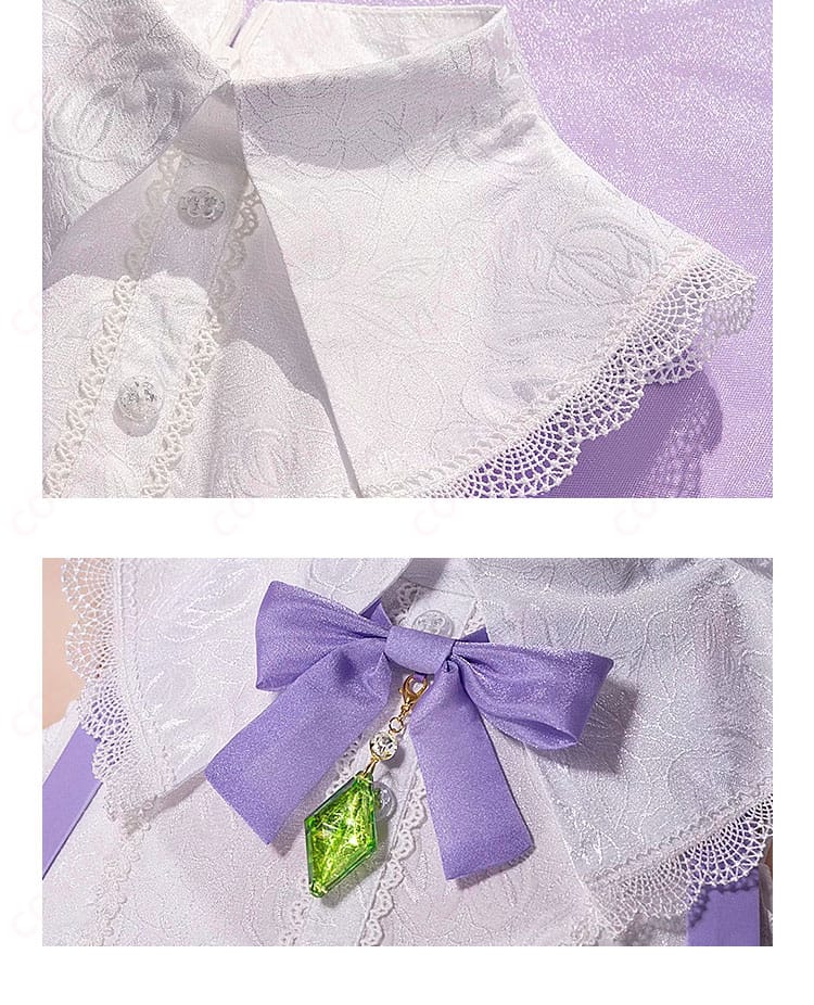 エミリア コスプレ衣装の襟装飾。精緻な襟飾りとその細部に焦点を当てた画像。