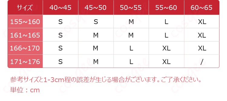 アークナイツ ジェシカコスプレ衣装のサイズと寸法に関する詳細データ。お客様に最適なサイズを選ぶ参考に。