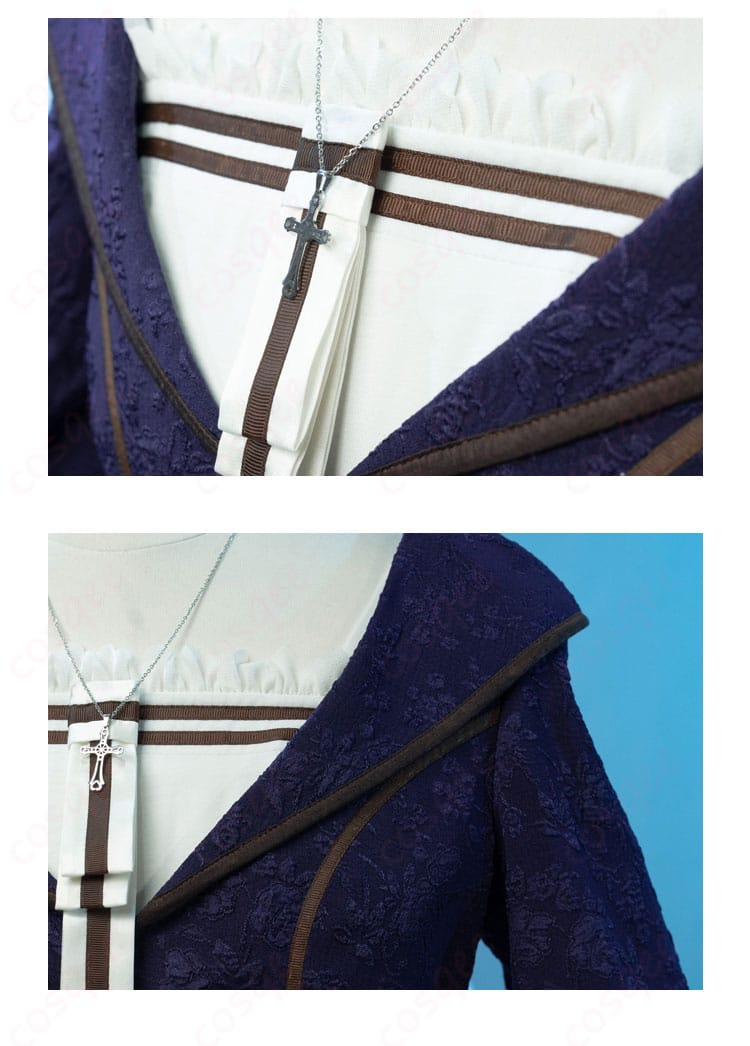 「リリアーナ・アドルナート コスプレ衣装の十字架ネックレスと衣領の装飾。細かい刺繍が施されています。」