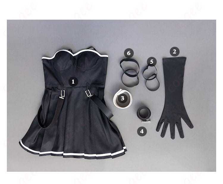 葬送のフリーレン ユーべル コスプレ衣装 セット内容。ワンピース、ベルト、腕飾り、手袋、太もも飾りがセットでお届けします。