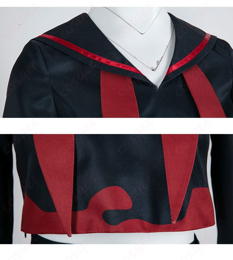 剣先ツルギ制服の衣摆と領口の装飾細部。精密な刺繍とデザインが特徴です。コスプレ愛好者必見の衣装。