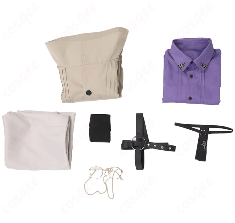 にじさんじ 叶 コスプレ衣装のセット内容を展示。コート、シャツ、ズボン、ネクタイなどが含まれています。