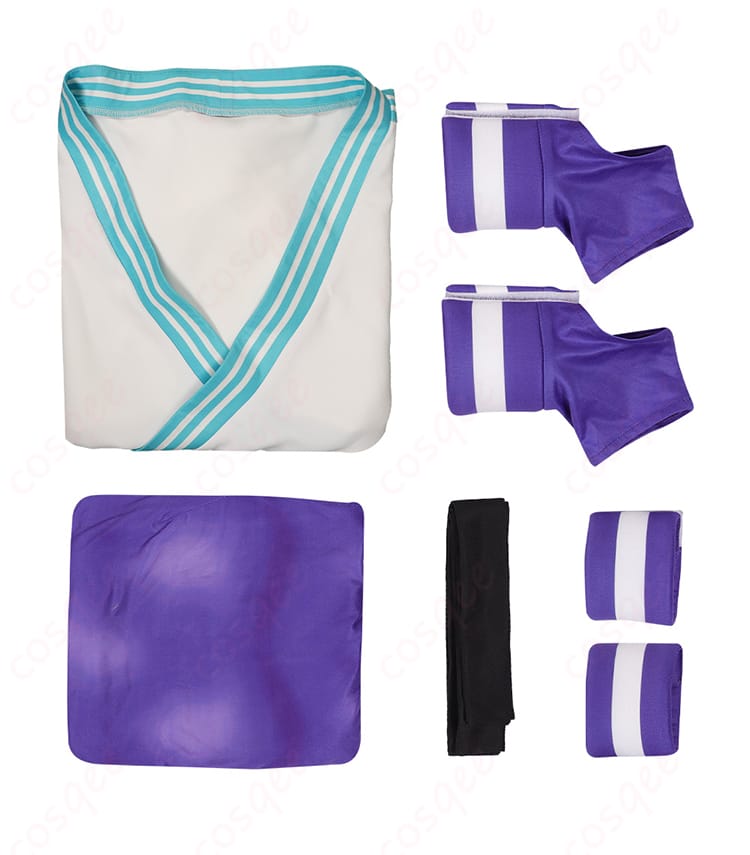 ストリートファイター6 マノン コスプレ衣装 セット内容図。レオタード、コート、帯、手首飾り、足首飾りなど、セット内容を確認。