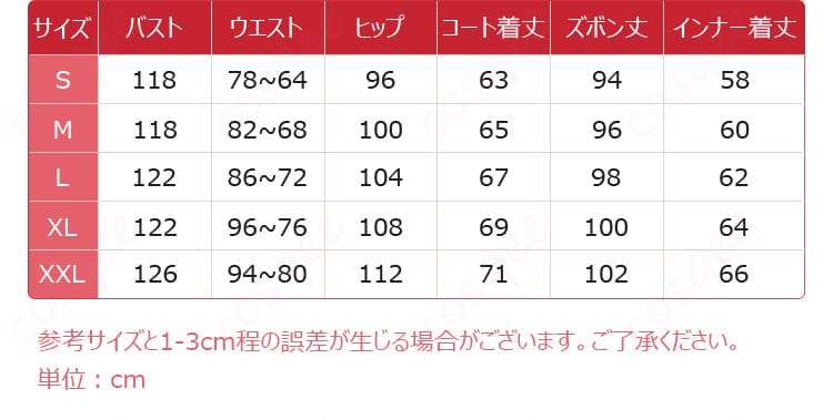 サイズガイド。お手持ちのサイズに合った衣装を選ぶための参考情報。