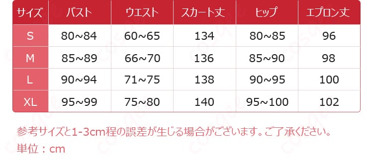 初音ミク コスプレ衣装のサイズ表。各サイズに対応した寸法を確認できる画像。