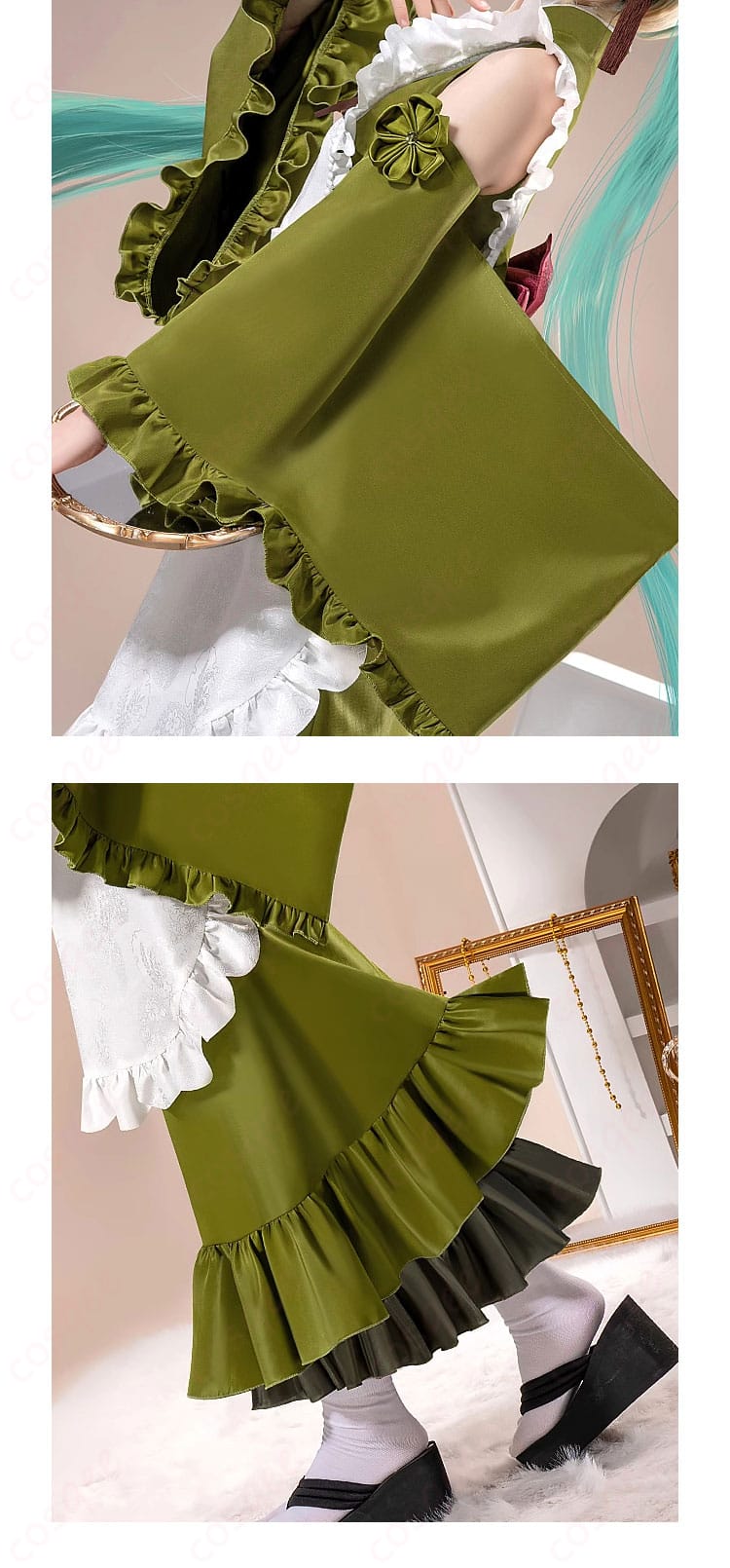 初音ミク コスプレ衣装の左側衣襟部分の詳細。デザインの美しさが強調されている。