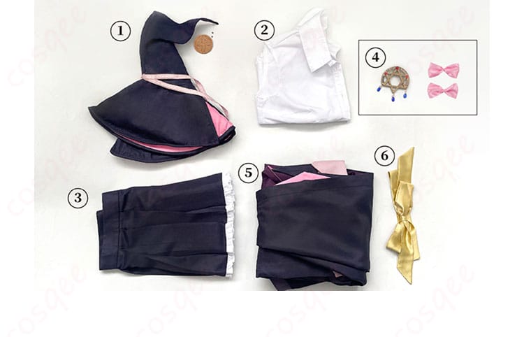魔女の旅々 イレイナ コスプレ衣装セット内容。帽子、シャツ、スカート、胸飾りなど、フルセットで提供。