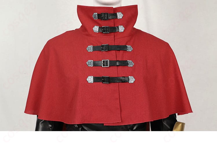 ヴィンセント・ヴァレンタイン コスプレ衣装の披風肩と門襟の正面装飾細部。特別なディテールで衣装を引き立てています。