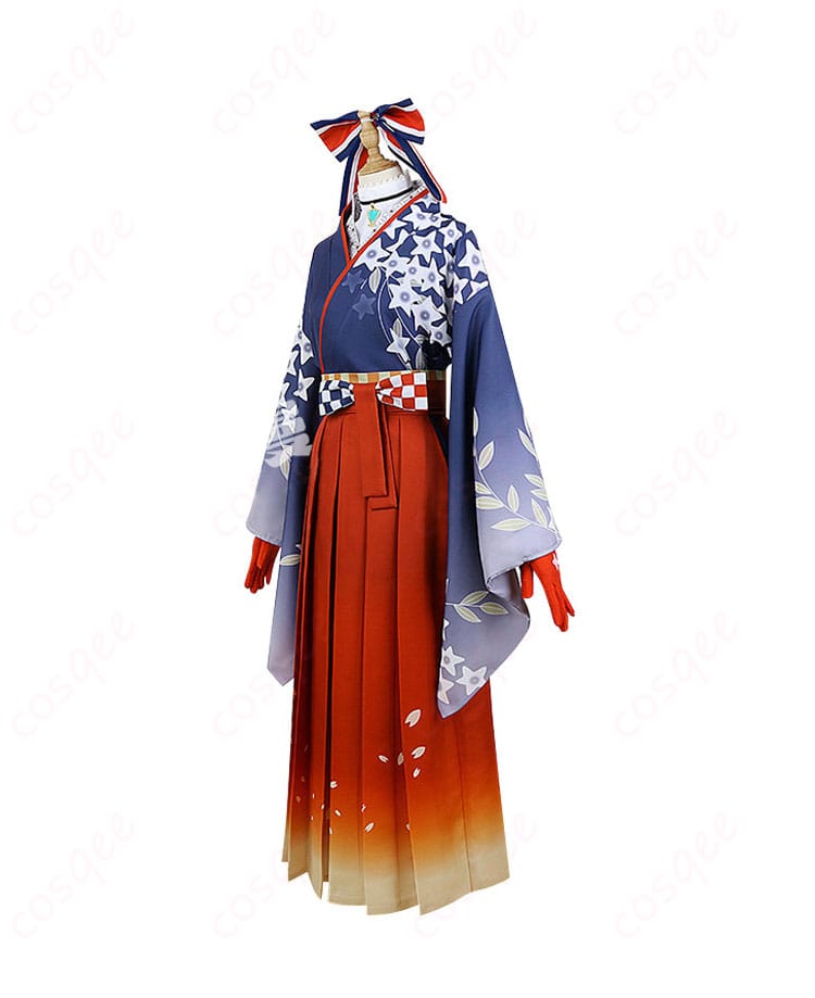 ホロライブ 不知火フレア 正月衣装 コスプレ衣装の側面図。美しい袴と帯のデザインが際立っています。コスプレ衣装の詳細がしっかりと確認できる画像です。