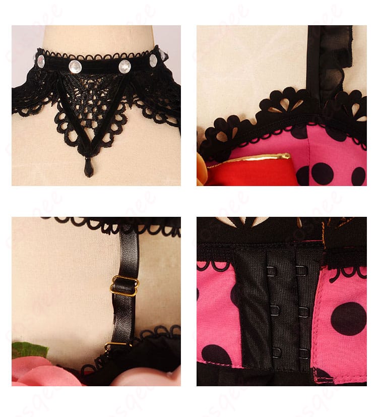 絢瀬絵里のコスプレ衣装の細かな装飾ディテール。花柄刺繍やアクセサリーが美しく施されています。