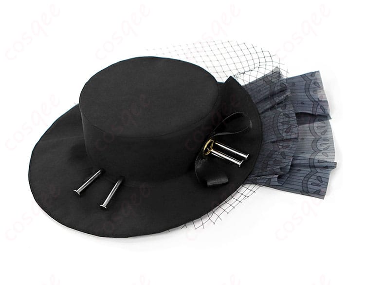 ネクロ・ロギストの帽子の装飾詳細。美しい刺繍と装飾が際立ち、キャラクターの個性を再現。