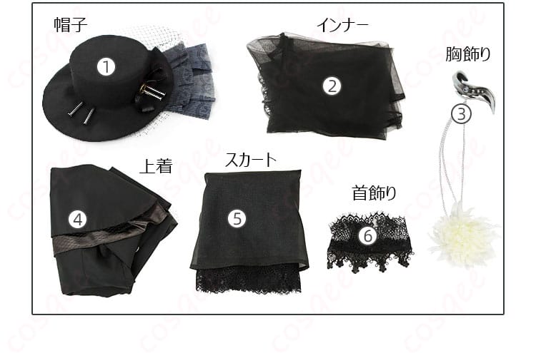 ネクロ・ロギスト コスプレ衣装のセット内容を示す画像。帽子、インナー、胸飾り、上着、スカート、首飾りなどが含まれます。