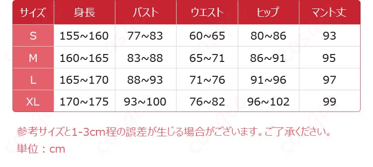 リバース1999 エニセイ コスプレ衣装 サイズ対応表 詳細データ