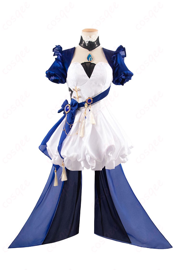 フリーナのコスプレ衣装(水色アリス同人衣装)の正面ビュー。原神のキャラクター、フリーナを忠実に再現したデザイン。美しい水色のワンピースで、コスプレに最適な衣装です。