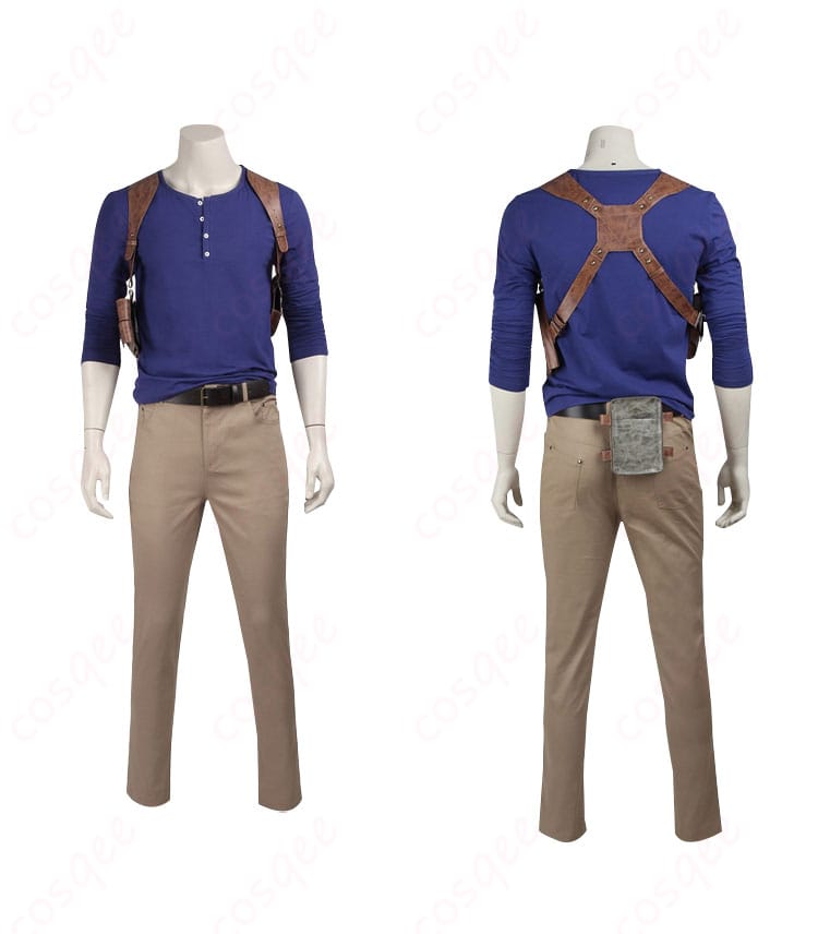 アンチャーテッド4 ネイサン・ドレイク コスプレ衣装の正面と背面の詳細画像。高い再現度で忠実に再現されたデザイン。