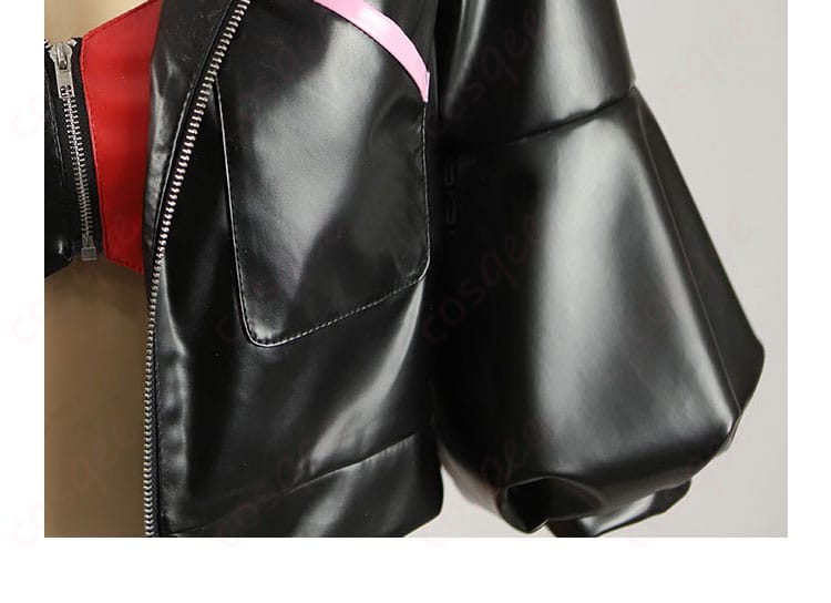 ハーレイ・クイン コスプレ衣装の袖と衣襟の装飾詳細。ディテールまで丁寧に作り込まれたデザイン。イベントや撮影に最適。