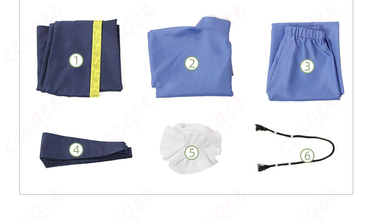 薬屋のひとりごと 壬氏のコスプレ衣装のセット内容の画像。コート、トップス、ズボン、帯、髪飾りが含まれています。