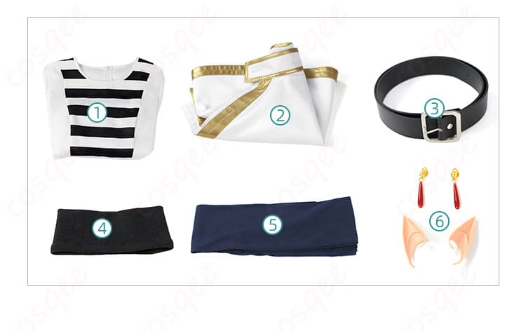 フリーレン コスプレ衣装 子供用 セット内容を紹介する画像。ワンピース、マント、エルフ耳などがすべて揃っています。