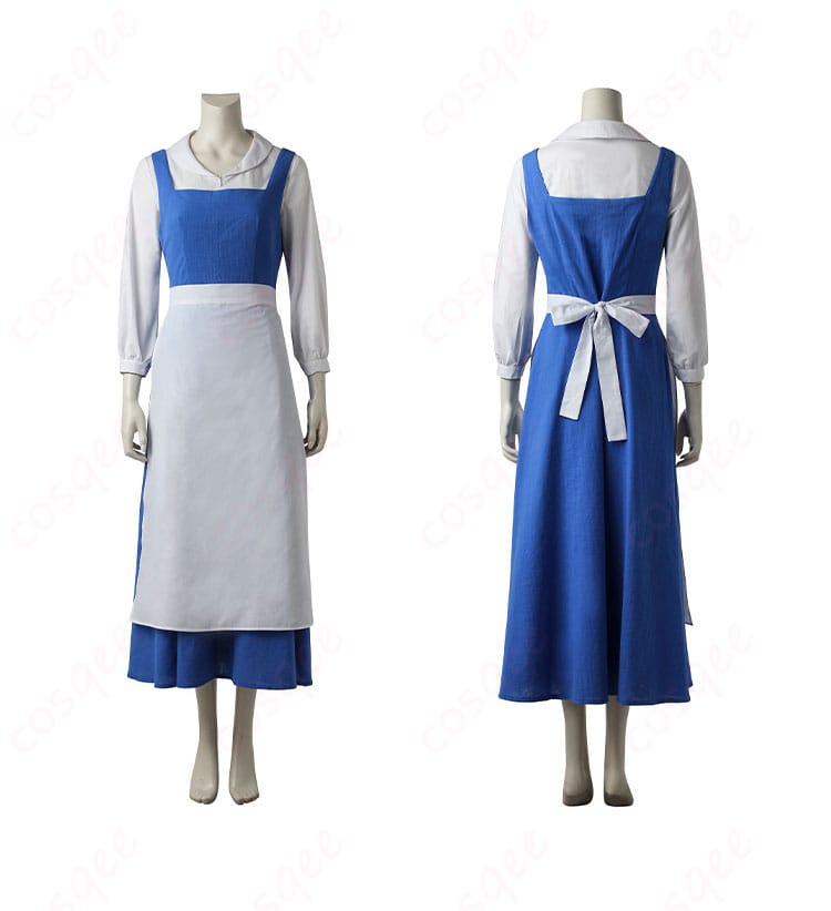 美女と野獣 ベル コスプレ衣装の正面と背面の詳細。衣装の忠実な再現と素晴らしいデザインが魅力。