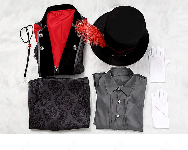 コスプレ衣装のセット内容の展示画像。付属品と一緒に確認できます。