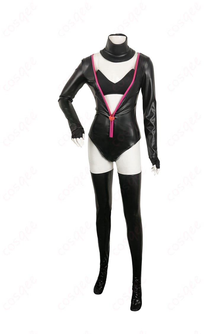 ハズビン・ホテル エンジェル・ダスト コスプレ衣装 正面の詳細。透け感レオタードとべアトップが特徴的なデザイン。