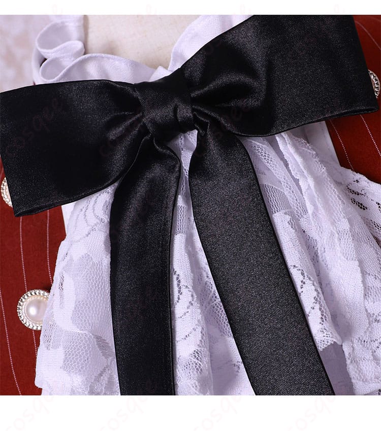 シエル・ファントムハイヴ コスプレ衣装の領結装飾の細部。高精度なデザインで、リアルな再現度を誇ります。