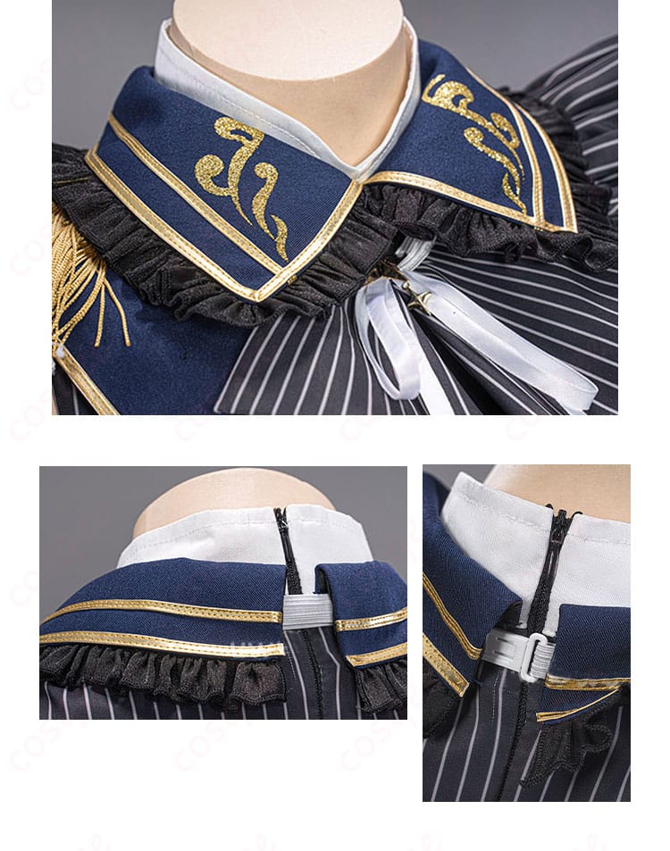 有馬かなの衣装の衣領ディテール。正面と背面の両方の装飾に焦点を当てた画像。