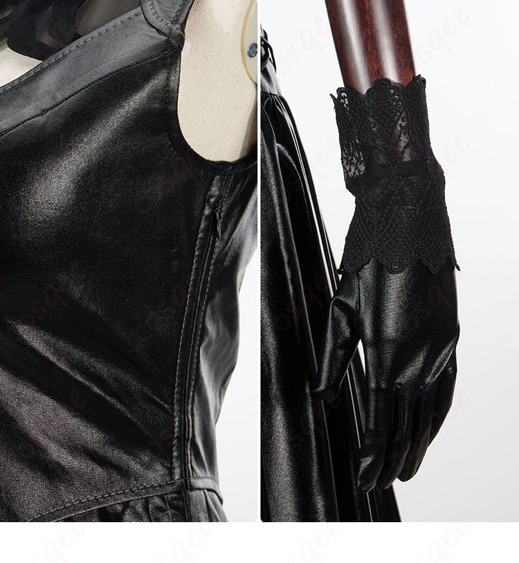 ヨルハ五一式軍装:術 コスプレ衣装の側面と手袋アクセサリーの細部。スタイリッシュで洗練された装飾。