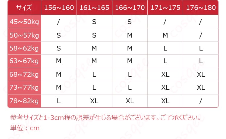 浮世英寿 コスプレ衣装のサイズと寸法データ画像。サイズガイドとフィッティング情報が表示されています。