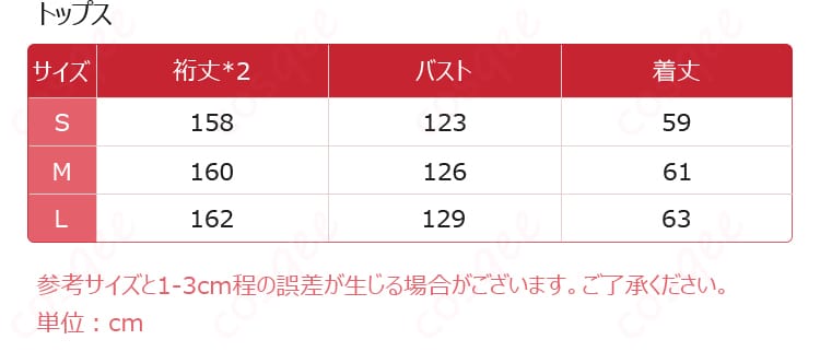 コスプレ衣装のサイズと寸法に関するデータ。サイズ選びの参考に最適。