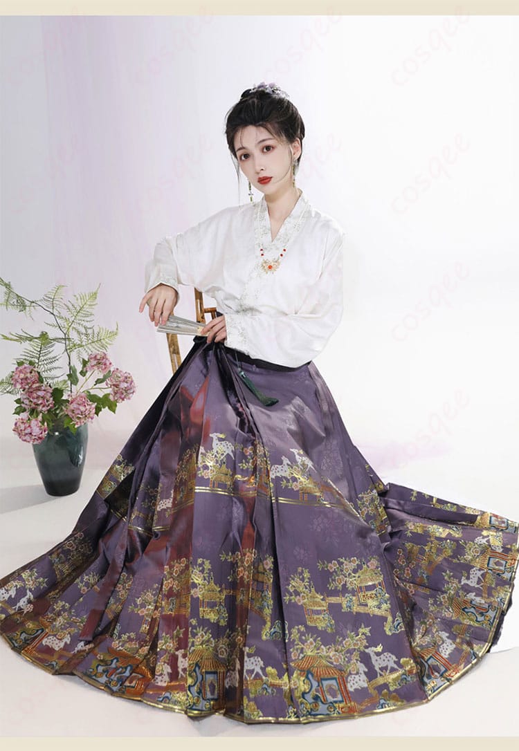 中華風スカートを着た人物が座っている画像。細部にわたるディテールが魅力的。