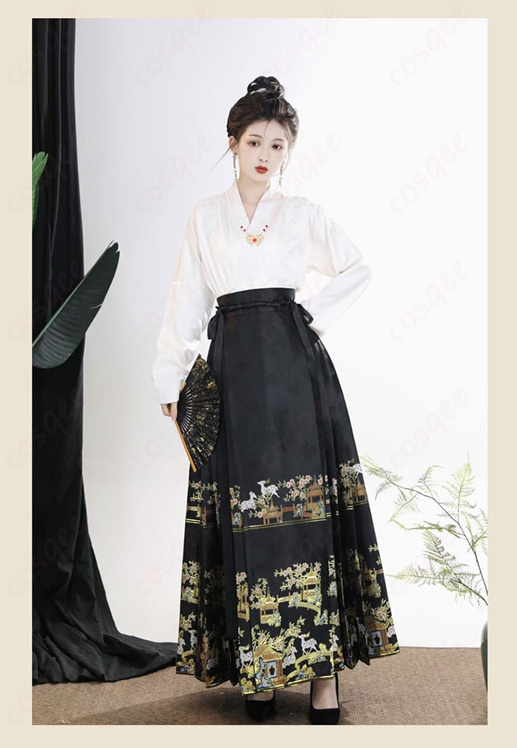 中華風馬面裙コスプレ衣装の正面画像。ファッション性と美しいデザインが際立っています。