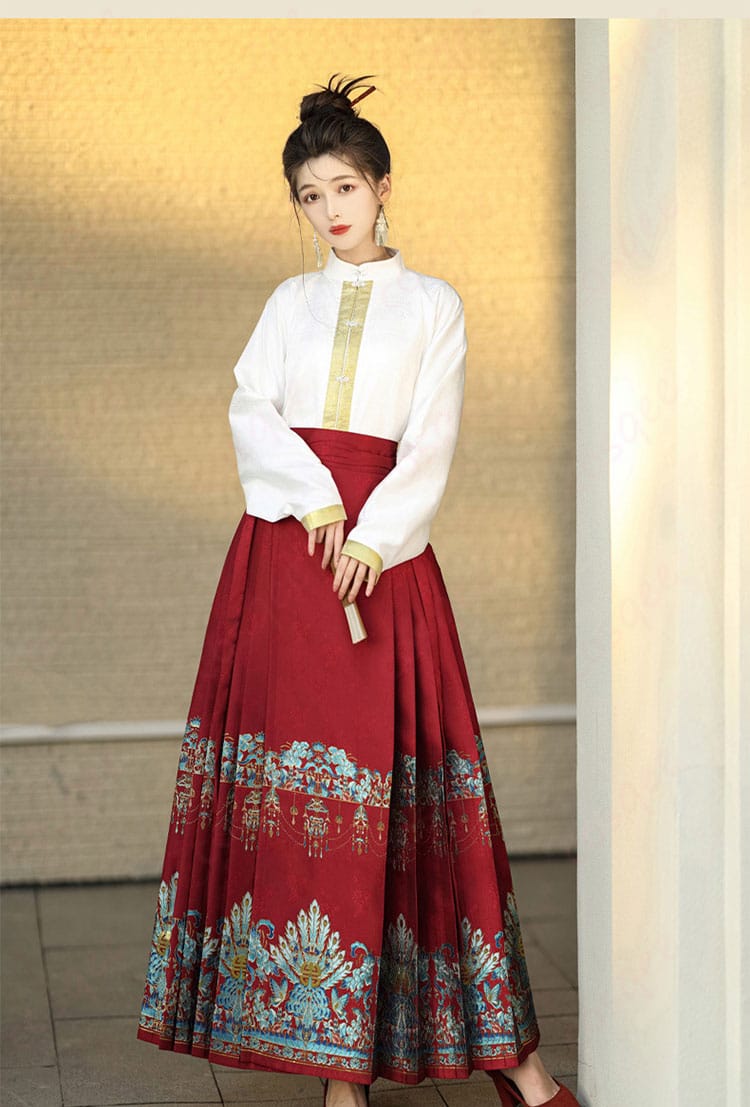 立襟トップスと馬面裙の右側のデザイン詳細