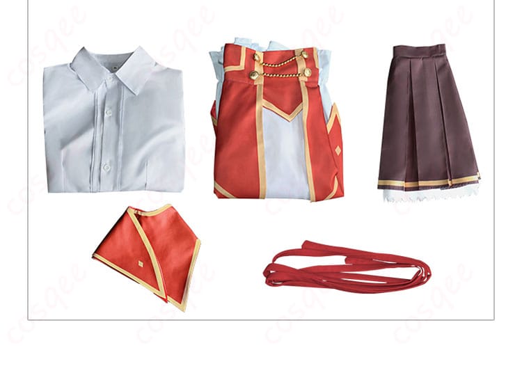 ユミエラ・ドルクネス コスプレ衣装のセット内容。シャツ、スカート、リボンなど、フルセットが表示されています。