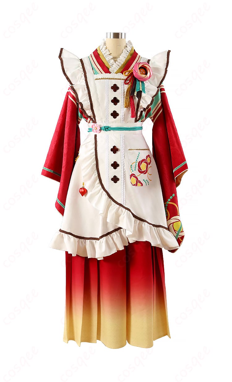 姫宮桃李 コスプレ衣装 正面図。エプロン、トップス、ズボンのディテールが見やすい。