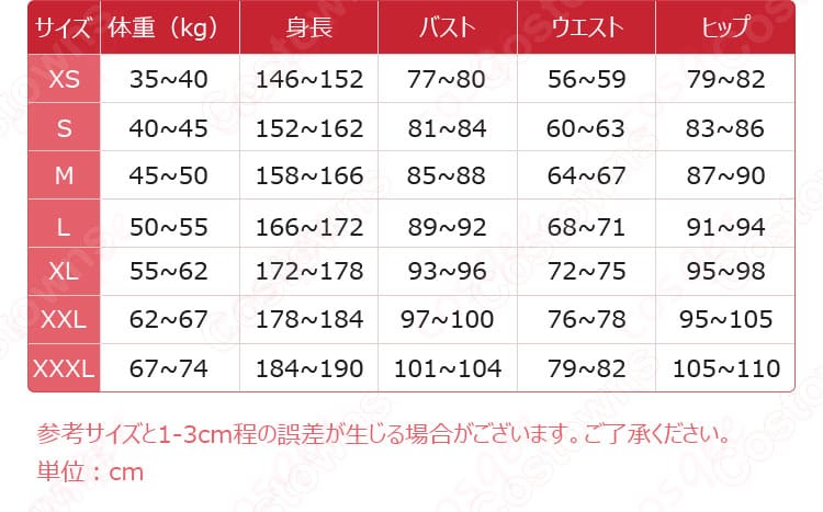 アベンチュリン コスプレ衣装のサイズガイド。詳細なサイズと寸法を確認できます。購入前にチェックしてください。