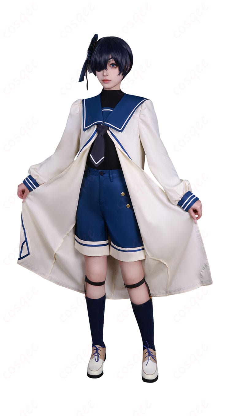 黒執事 シエル・ファントムハイヴ 伯爵 コスプレ衣装 正面の装飾細部。豪華なレースとボタンが、衣装の上品さを際立たせる。