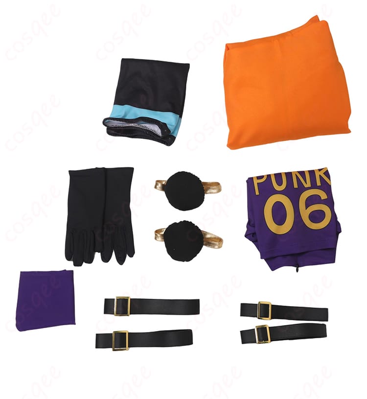 ONE PIECE PUNK-06 欲 コスプレ衣装 エッグヘッド衣装セット内容。コート、タンクトップ、手袋など、全てのアイテムを展示しています。