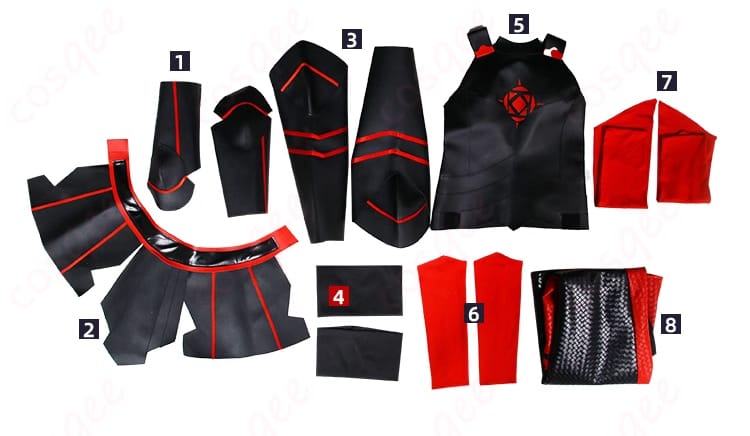 メイプルのコスプレ衣装全体セット内容を紹介する画像。すべてのアイテムが整然と並べられています。