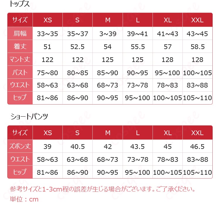 展示尺码和尺寸对应数据图 - コスプレ衣装のサイズガイドと対応する寸法情報
