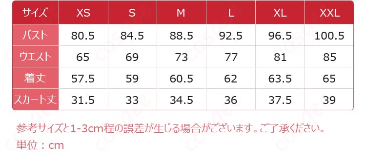 サイズと寸法の対応データ(プリズム 天宮りずむ コスプレ衣装 寸法データ)