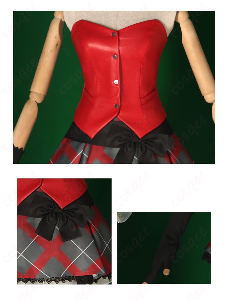 上衣、スカート、手袋の装飾ディテール。細かい刺繍とデザインがキャラクターの特徴を忠実に再現しています。