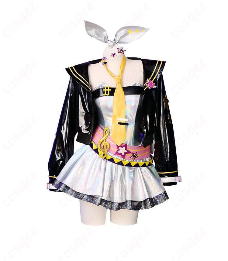 鏡音リン コスプレ衣装 『Muse Dash』コラボver. 正面画像。衣装の細部まで忠実に再現され、特にキャラクターのアイコニックなデザインが目を引きます。コスプレ愛好者におすすめ!