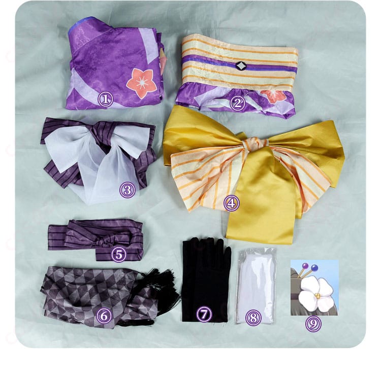 コスプレ衣装のセット内容。全てのアイテムが写真に含まれていることを示す。