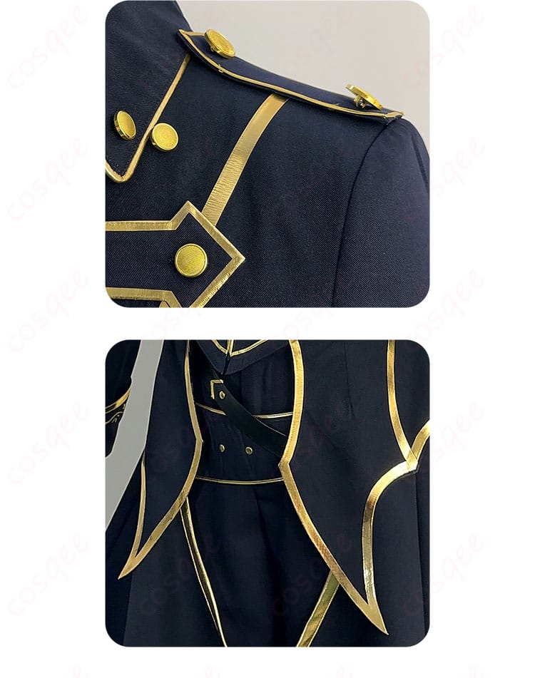 腰周りと肩袖の装飾、コスプレ衣装のスタイリッシュなディテール。